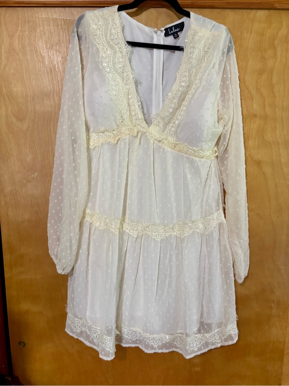 Lulu's Ivory Lace-Trim Long Sleeve Babydoll Dress